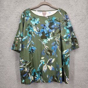 Chicos Floral Knit Top Olive Green Blue Button Sleeve Size 2 L Large Womens